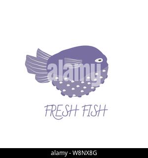Underwater creature for logo, blue fish isolated on white, marine animals for fabric, textile, wallpaper, nursery decor, prints, childish background. Stock Vector