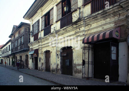 July 14, 2019-City Center Street Scene in Historic Colonial Town With Horse and Carriage (Vigan, Luzon, Philippines). Remnants of the spanish colonial Stock Photo