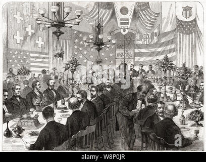 [ 1870s Japan - Japanese Diplomatic Mission in the USA ] —   Illustration by James E. Taylor (1839-1901) showing members of the Iwakura Mission (岩倉使節団, Iwakura Shisetsudan) at a banquet in Washington, USA in 1872 (Meiji 5). This Japanese diplomatic journey around the world between 1871 (Meiji 4) and 1873 (Meiji 6) was extremely important for the modernization of Japan.  Originally published in Frank Leslie’s Illustrated Newspaper on Saturday March 23, 1872 (v. 34, no. 860).  19th century vintage newspaper illustration. Stock Photo