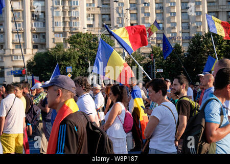 Bucharest, Romania. 10th August 2019. Thousands of people marching on the streets of the Capital, Bucharest, to protest against allegations of on-going corruption within the government of Romania.  Event takes place on the anniversary of last year’s violent confrontation in the city. Stock Photo