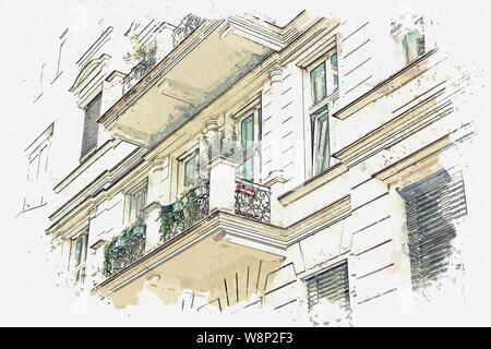hand drawn architectural sketch of a modern city with high buildings ...