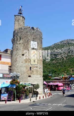 The tower of Anduze waiting for the passage of the caravan of the Tour de France Stock Photo