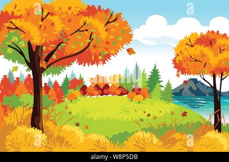 A vector illustration of Beautiful Autumn or Fall Season Nature Landscape Background Stock Vector