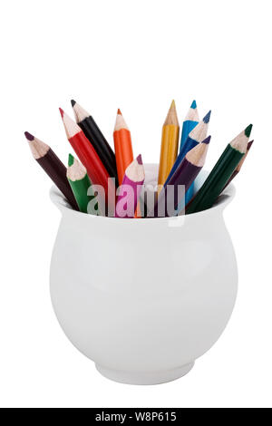 Set of colored pencils in the white vase isolated on white background Stock Photo