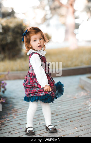 Cute baby girl 2-3 year old wearing stylish dress posing in park outdoors. Looking at camera. Childhood. Autumn season. Stock Photo