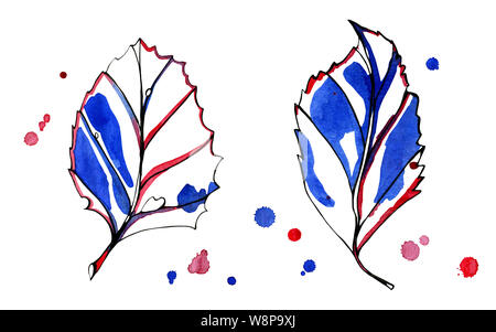 Two watercolor stylized graphic autumn leaves. Hand-painted with black, blue and red ink with early color drops on the background. Isolated objects on Stock Photo