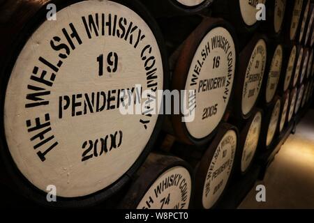 Whisky maturing in Bourbon barrels, Penderyn Distillery, Wales, UK Stock Photo