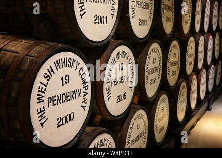 Whisky maturing in Bourbon barrels, Penderyn Distillery, Wales, UK Stock Photo