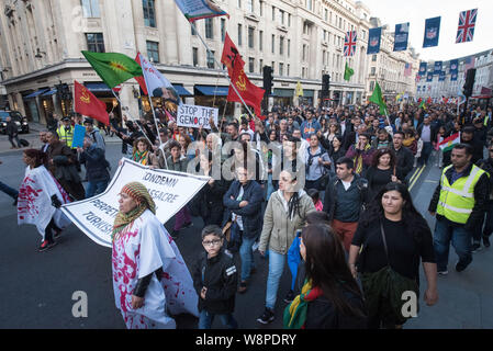 Regent Street, London, UK. 11th October, 2015. Up to 2000 British Kurds, Turks and sympathisers take part in a demonstration in central London to prot Stock Photo