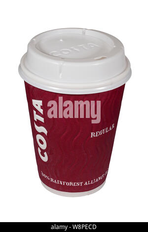 A Regular Costa Coffee Cup isolated on a white background.  100% Rainforest Alliance Certified Coffee. Stock Photo