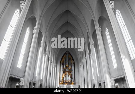 Interior of Hallgrímskirkja church in Reykjavik, Iceland. With organo in the background of the church. Stock Photo