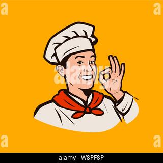 Funny chef. Cooking, restaurant menu logo or label. Cook vector illustration Stock Vector