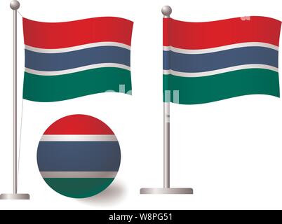 Gambia flag on pole and ball. Metal flagpole. National flag of Gambia vector illustration Stock Vector