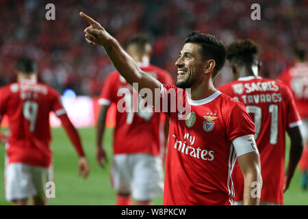 Lisbon, Portugal. 10th Aug, 2019. Pizzi of Benfica celebrates after scoring a goal during the Primeira Liga football match between SL Benfica and FC Pacos Ferreira at the Luz stadium in Lisbon, Portugal on August 10, 2019. Credit: Pedro Fiuza/ZUMA Wire/Alamy Live News Stock Photo