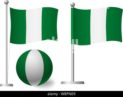 Nigeria flag on pole and ball. Metal flagpole. National flag of Nigeria vector illustration Stock Vector