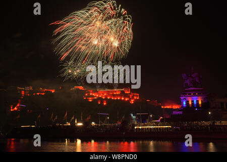 Fireworks at the Ehrenbreitstein Fortress, Koblenz, Germany during the Rhine in Flames 2019 celebration Stock Photo