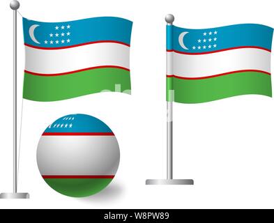 Uzbekistan flag on pole and ball. Metal flagpole. National flag of Uzbekistan vector illustration Stock Vector