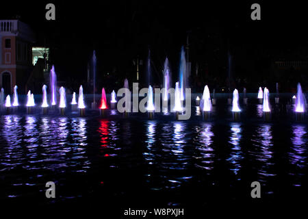 JULY 14, 2019-VIGAN PHILIPPINES : Lights illuminated at the dancing water fountain in the province of Vigan Ilocos Sur in the Philippines Stock Photo