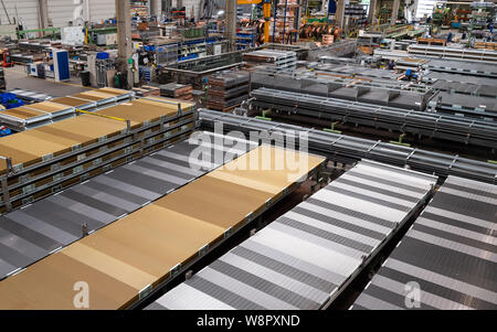 Heinsdorfergrund, Germany. 07th Aug, 2019. Various heat exchangers are ready for assembly in the production hall of Thermofin GmbH. Thermofin is an internationally active company in the production of components for refrigeration and air conditioning. Credit: Robert Michael/dpa-Zentralbild/ZB/dpa/Alamy Live News Stock Photo