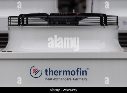 Heinsdorfergrund, Germany. 07th Aug, 2019. The company logo of Thermofin GmbH can be seen on a heat exchanger. Thermofin is an internationally active company in the production of components for refrigeration and air conditioning. Credit: Robert Michael/dpa-Zentralbild/ZB/dpa/Alamy Live News Stock Photo