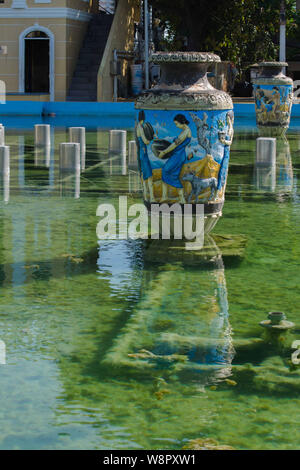 July 14, 2019-Vigan Phillipines : Huge painted blue vase in the middle of the water fountain in front of the Vigan City capital in the Philippines Stock Photo
