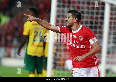 Lisbon, Portugal. 10th Aug, 2019. Benfica's Pizzi celebrates after scoring during the Portuguese league football match between Benfica and Pacos de Ferreira in Lisbon, Portugal, on Aug. 10, 2019. Credit: Petro Fiuza/Xinhua/Alamy Live News Stock Photo