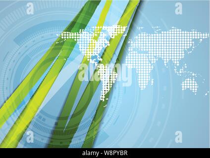 Abstract green blue technology background with world map and HUD gear. Vector illustration Stock Vector