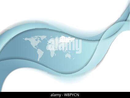 Abstract blue smooth waves amd world map background. Vector design Stock Vector
