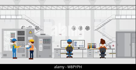 Factory in process with workers working flat design vector illustration Stock Vector