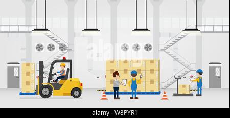 Warehouse in process with workers working flat design vector illustration Stock Vector