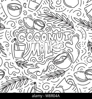 Seamless pattern background. Coconut milk hand drawn lettering. Glass with milk, coconut, leaves and glass jar of milk. Doodle style, black and white vector illustration. Stock Vector