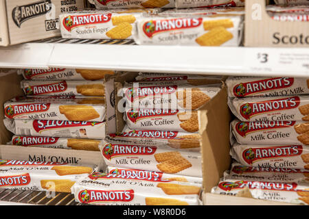 Arnotts australian biscuits scotch finger and milk coffee on a supermarket shelf in Sydney,Australia Stock Photo