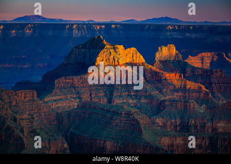 Sunset at Bright Angel Point on the North Rim of the Grand Canyon, Arizona ..... The Grand Canyon is a steep-sided canyon carved by the Colorado River Stock Photo
