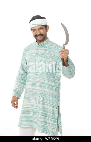Happy Indian farmer Holding sickle and Paddy crop in hand - Concept ...