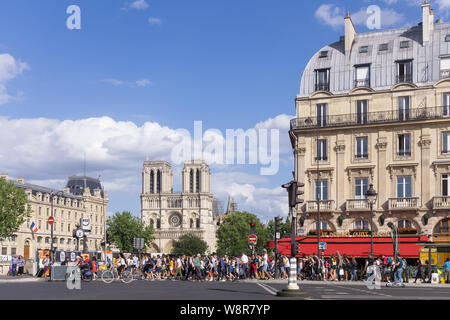 Paris Place Saint Michel on the sunny afternoon with a view of the Notre Dame cathedral. France, Europe. Stock Photo