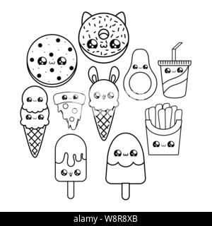 set of delicious food and ice creams kawaii style vector illustration design Stock Vector