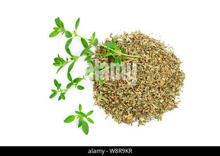 Green thyme with dried thyme leaves isolated on white background close up Stock Photo