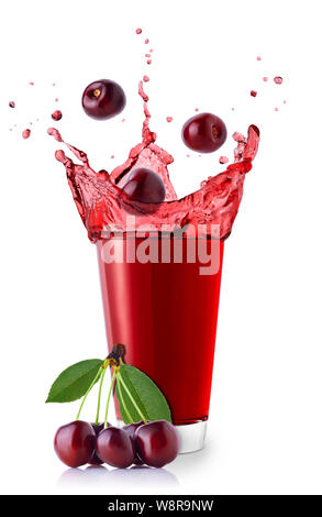 sweet cherry berries falling into glass with juice and creating splashes isolated on white background Stock Photo