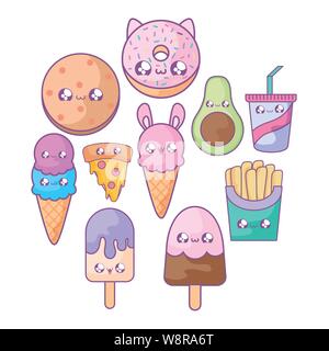 set of delicious food and ice creams kawaii style vector illustration design Stock Vector