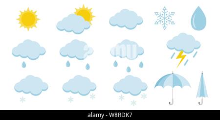 Set of cartoon weather theme icons isolated on white background. Stock Vector