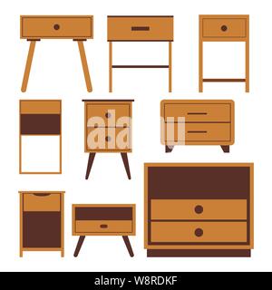 Wooden nightstand bedside icons set, flat design illustration Stock Vector