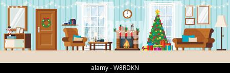 Cozy new year decorated corridor living room interior with christmas tree, fireplace, armchair, couch, cup, rack, coffe table, window Stock Vector