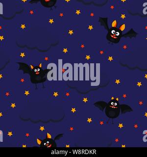 Happy Halloween styly vector seamless pattern with cute black bats flying on dark night sky with stars and clouds. Stock Vector