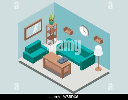 Cozy home living-room interior background with book shelves, rack, lamp, plant, armchair, sofa, wall clock, mirror, table, laptop. Stock Vector
