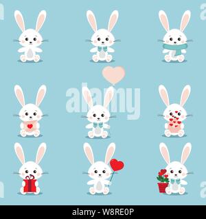 Set of cute white rabbits in sitting pose with different things in its paws Stock Vector