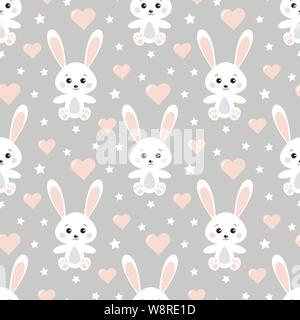 Cute Rabbits And Stars Pattern. Seamless Watercolor Vector Bunny 