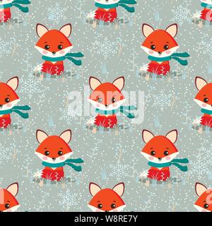 Vector seamless winter pattern with cute fox with scarf, plants, snowflakes ornament. Stock Vector