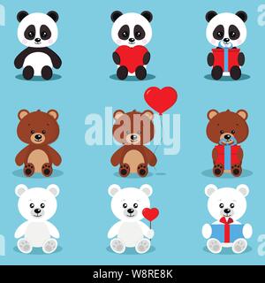 Set of isolated cute holiday bears in sitting pose with gifts and hearts brown bear, polar bear, panda. Stock Vector