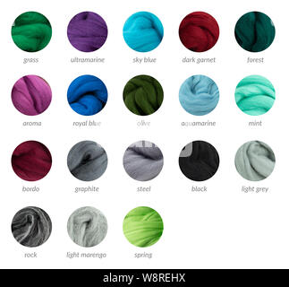 Cool colors merino wool palette guide with titles, round samples on white background Stock Photo