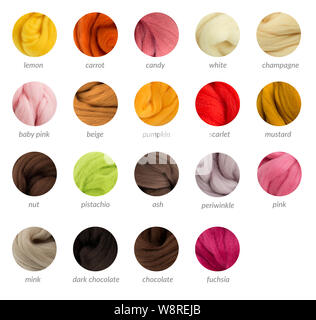 Warm colors merino wool palette guide with titles, round samples on white background Stock Photo
